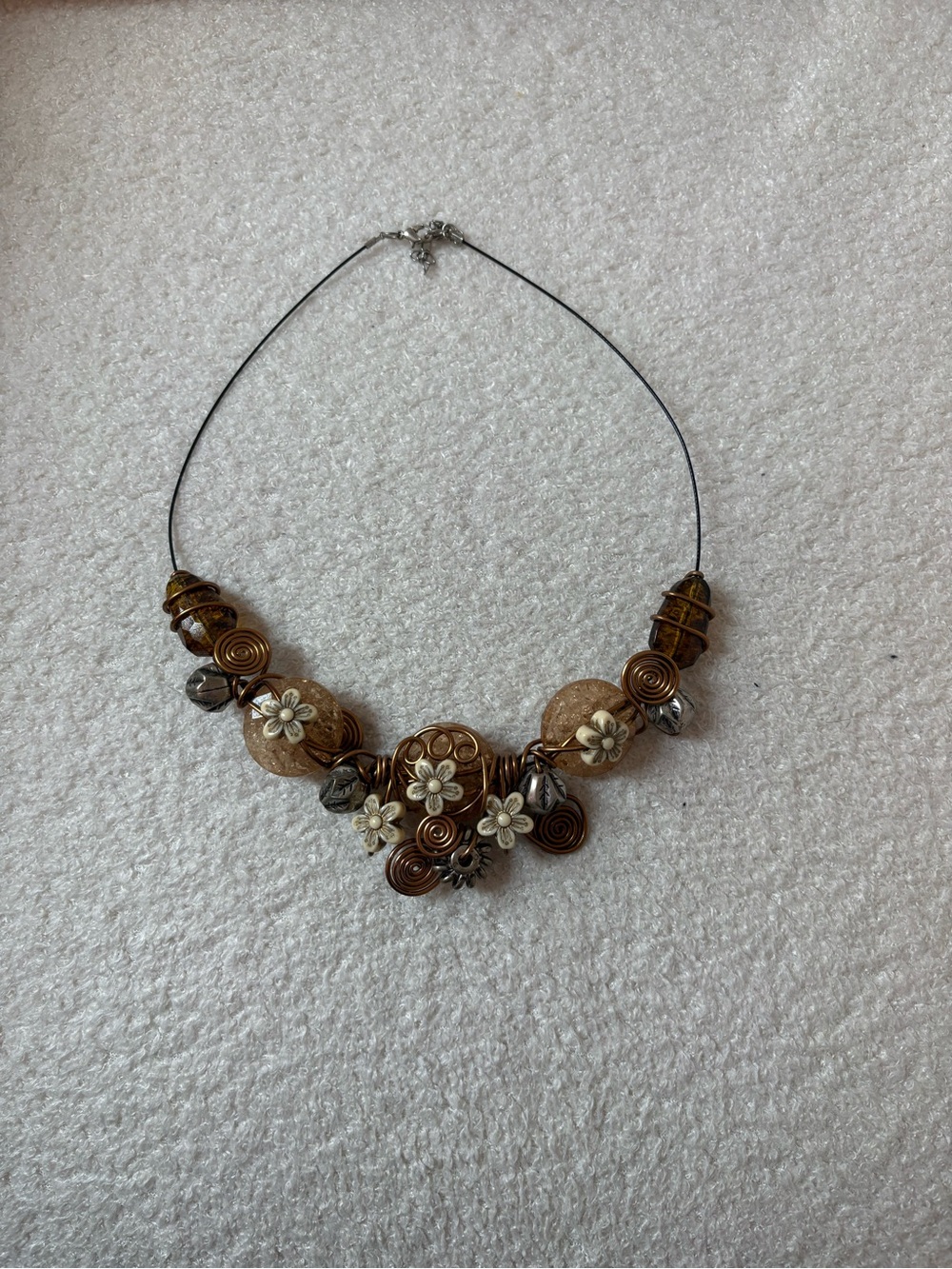 Floral Copper Bead Statement Necklace - Brown